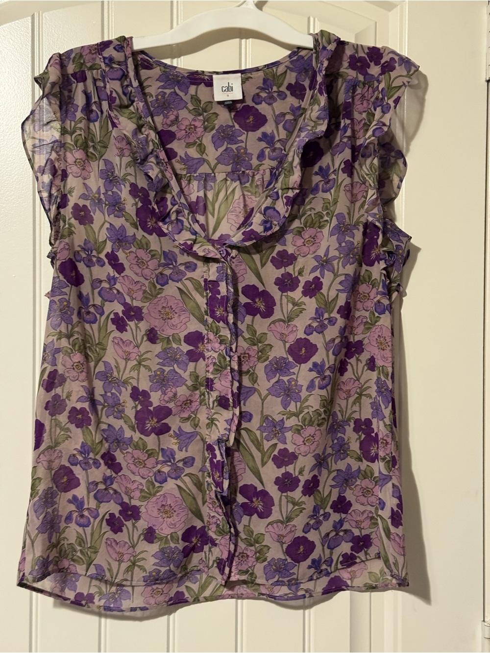 CAbi Lavender Floral Ruffle-Trim Blouse